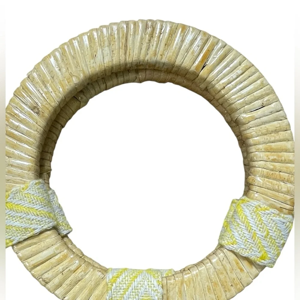 New America & Beyond Beaded Lemon Yellow Chevron Circular Wood Handle Tote NWT